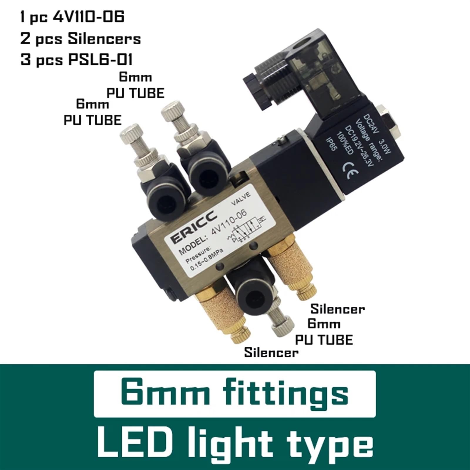 4V110-06 Series 5 Port 2 Position Solenoid Valve Normally Closed 4V110-06 AC220V DC12V DC24V AC110V with 4mm 6mm 8mm Fitting(6mmfittings-01,4V110-06 DC12V)