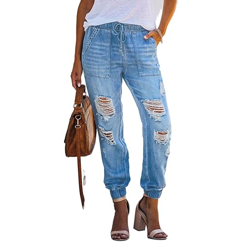 Sidefeel Women Pull-on Distressed Denim Joggers Elastic Waist Stretch Pants