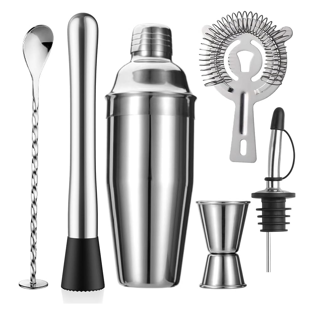 CTRLZS Cocktail Shaker Set 24oz Shaker Strainer Muddler Jigger Mixing Spoon Pour Spout Bartender Kit 24oz Shaker Strainer Muddler Jigger Mixing Spoon Pour Spout Bartender Kit, Stainless Steel Bar Set