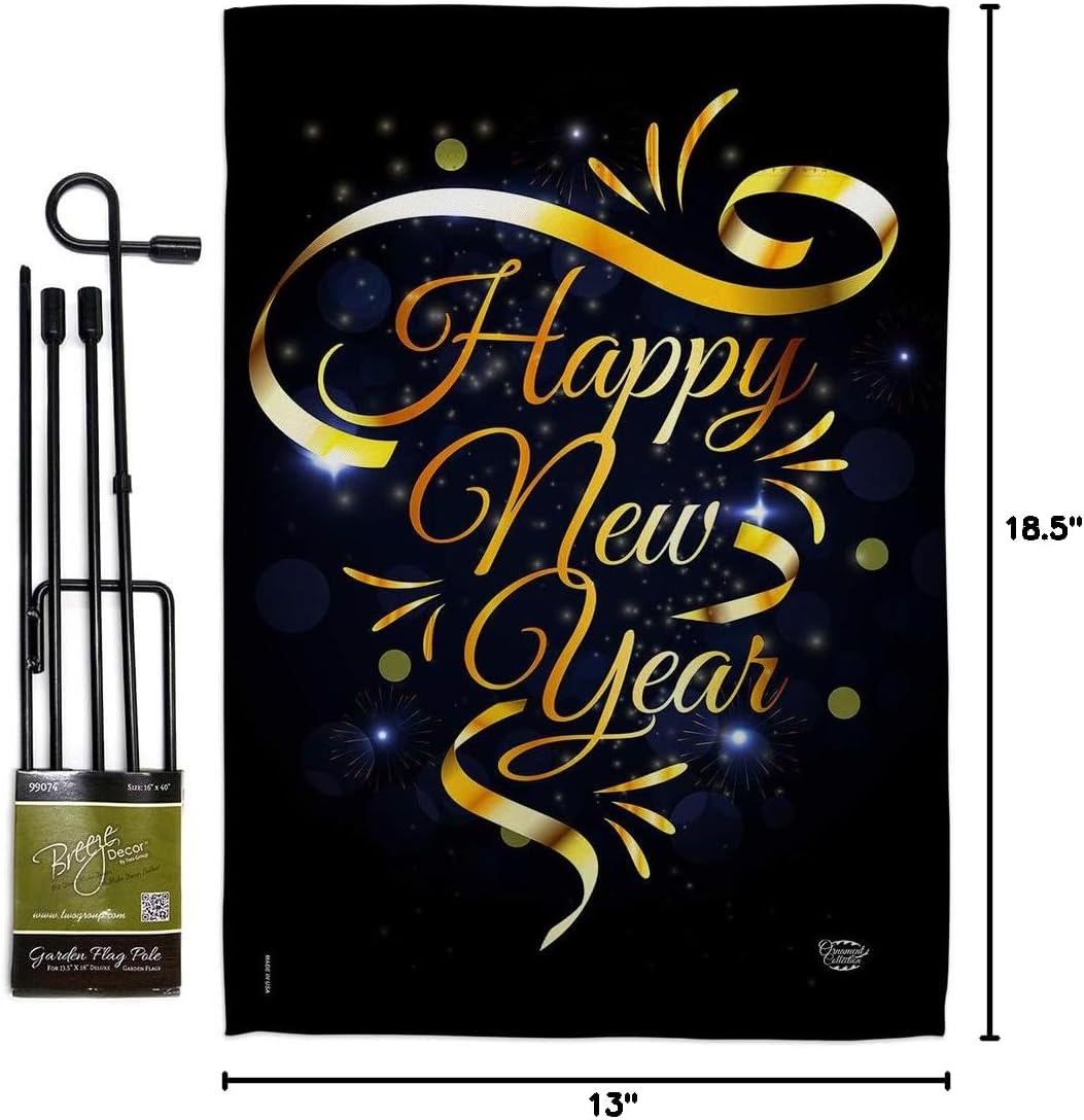 Gold Happy New Year Garden Flag Set with Stand Clock Countdown Champagne Party Fireworks Celebrate Small Decorative Gift Yard House Banner Made In USA 13 X 18.5