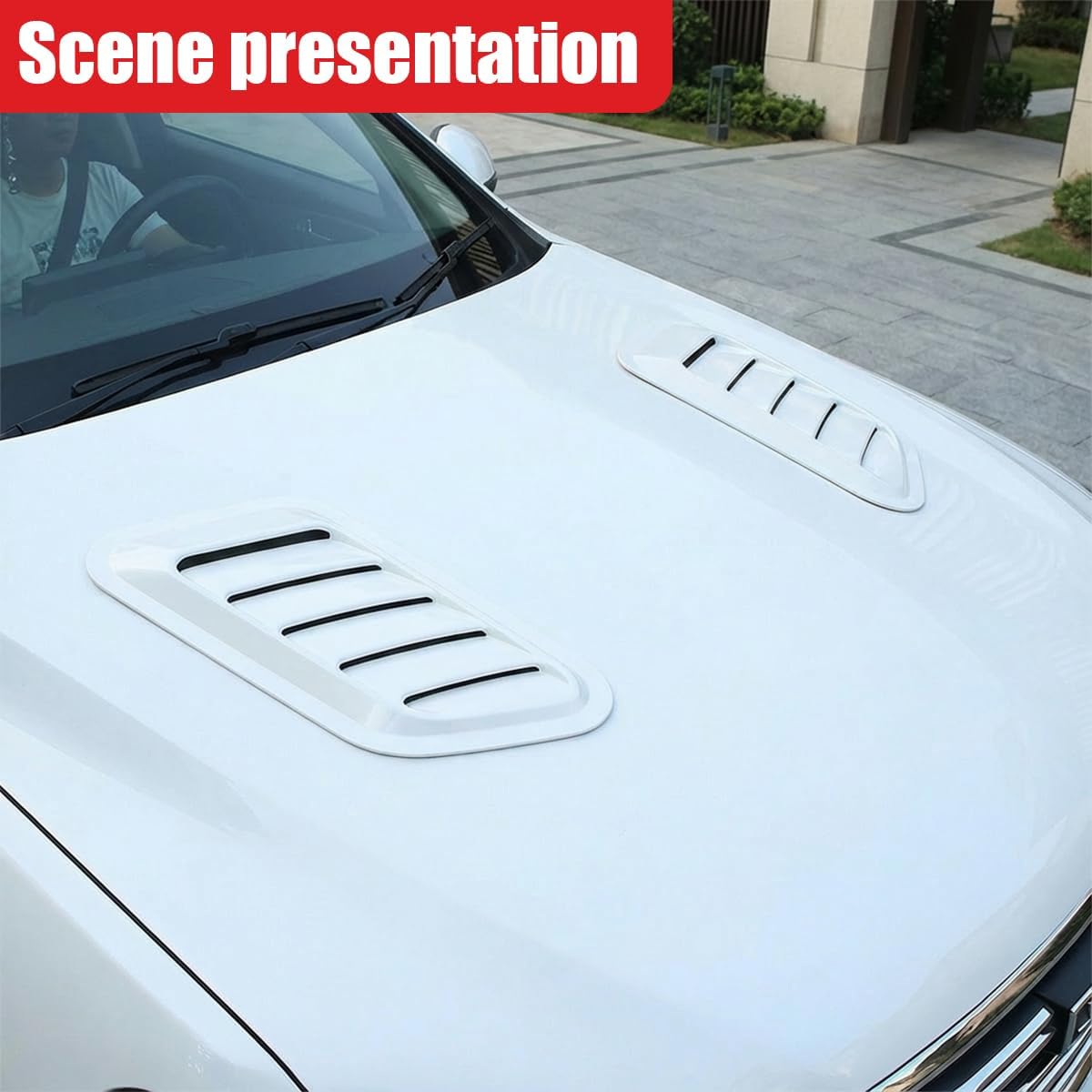 2PCS Car Hood Air Vent Cover, Automotive Air Flow Intake Trim Cover, Scoop Bonnet Vent Decorative Accessories, Car Engine Hood Kit for SUV, Truck, RV (White)