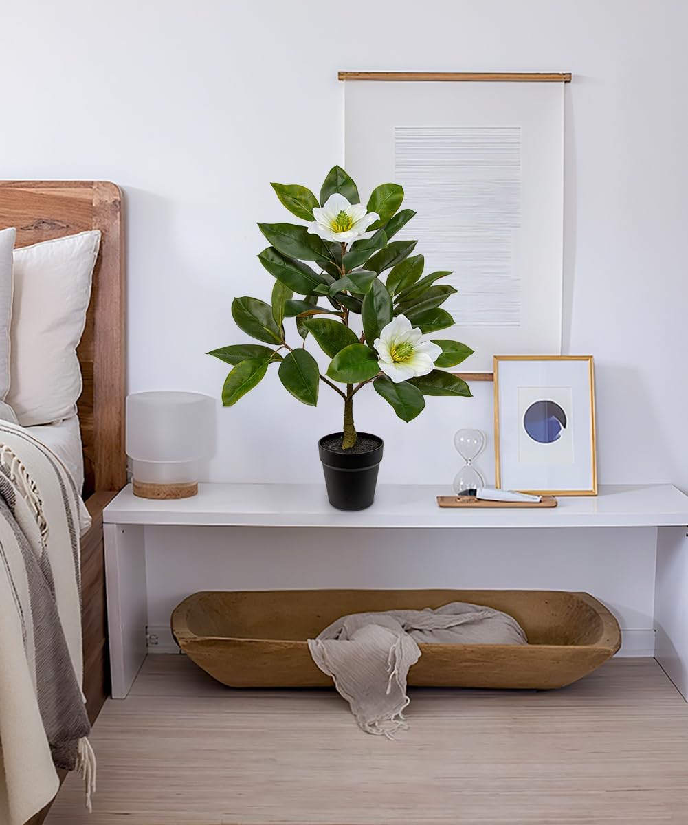 Briful Artificial Magnolia Flower Tree in Black Pot – 26.3in Tall Faux Magnolia Plant with Realistic White Blooms Fake Potted Silk Floral Tree for Home Office Room Kitchen Outdoor Porch Décor - Image 4