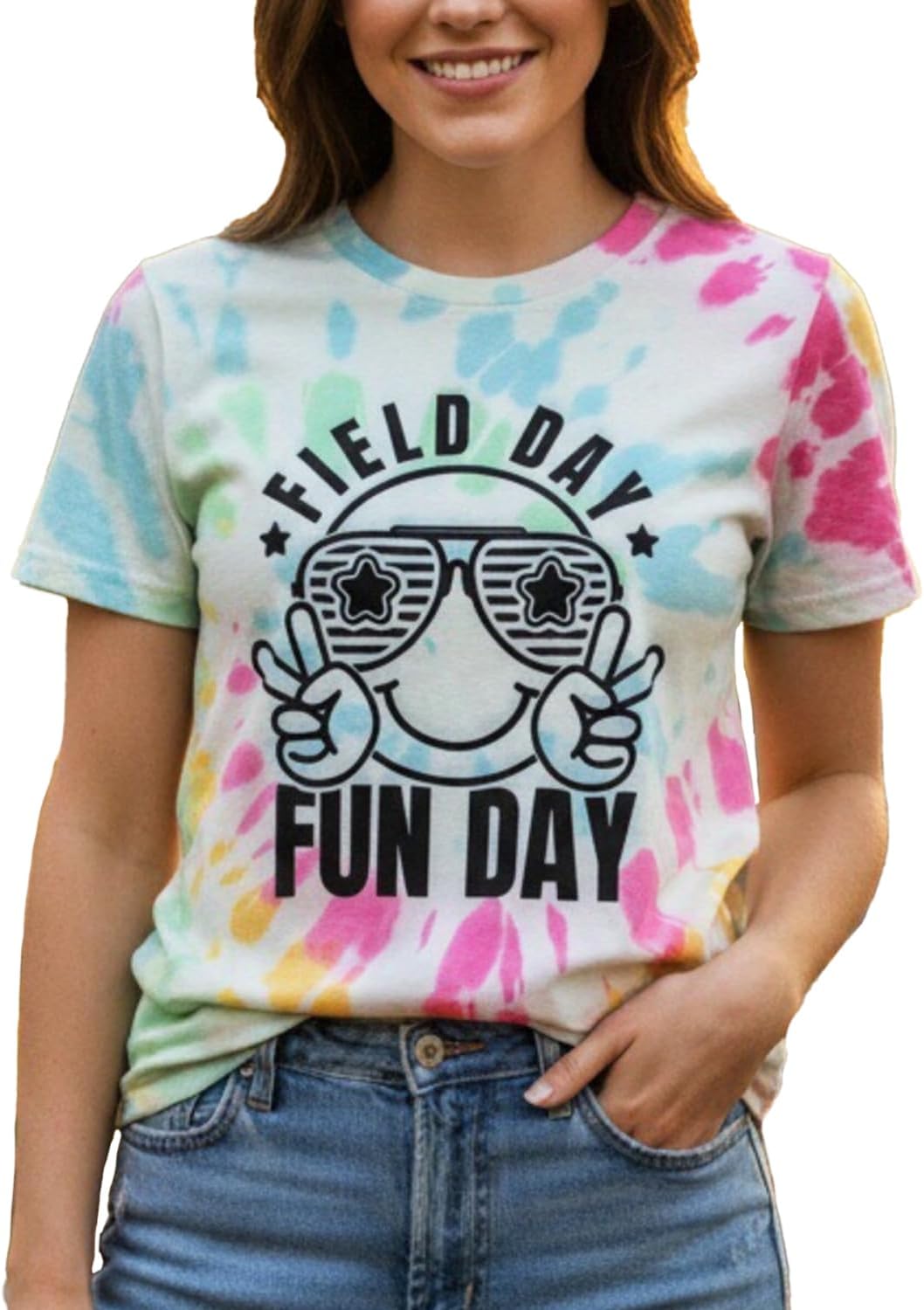 Field Day Shirts for Women Field Day Teacher T-Shirts Colorful Fun Day Digital Tie-dye Tee