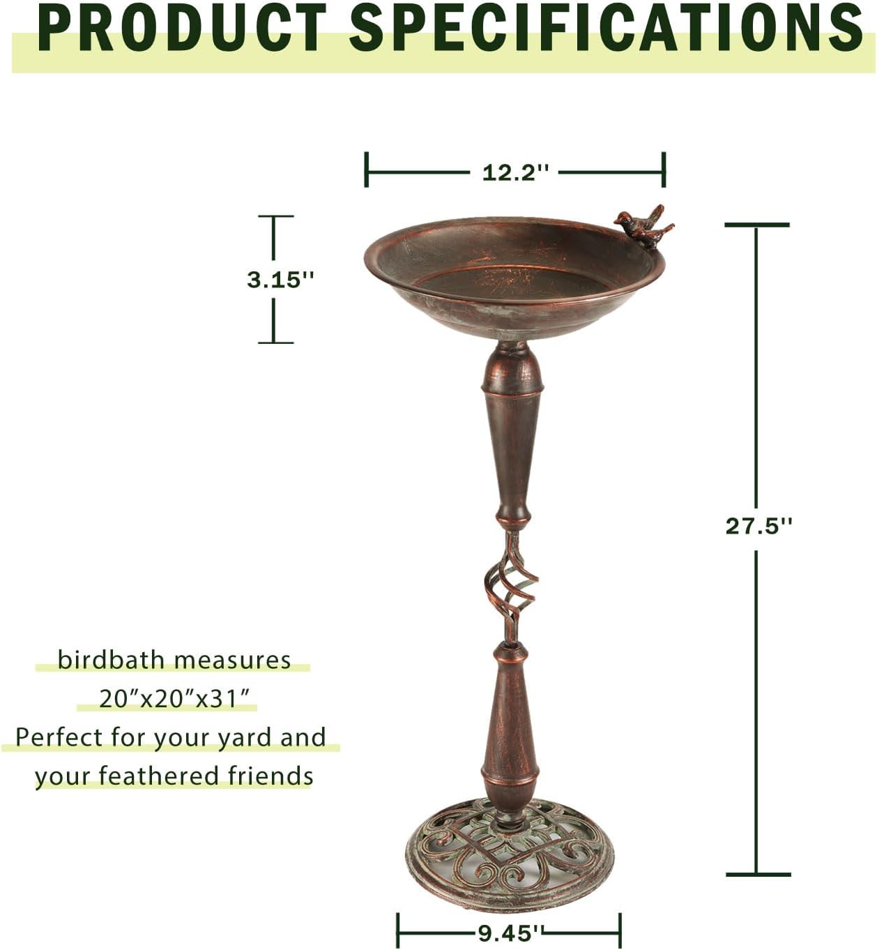 27.5’’H Cast Iron Pedestal Bird Bath,Metal Bird Bath for Outdoor,Vintage Metal Bird Bath Garden Decoration - Image 7