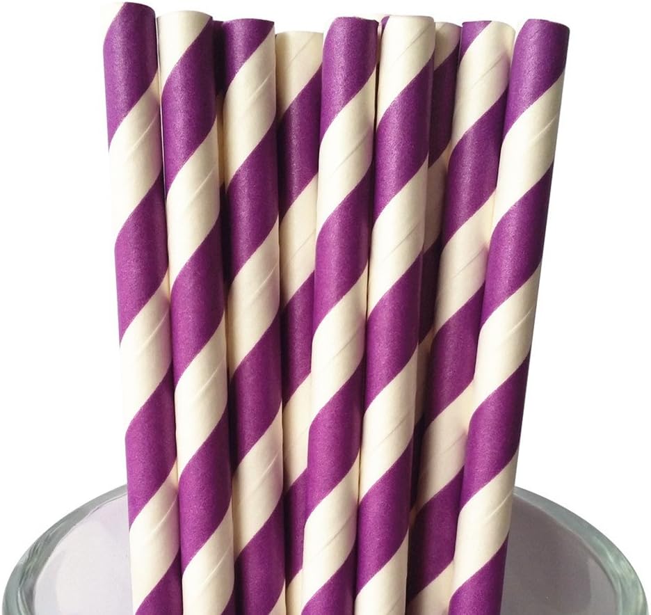 500 pcs Bright Purple Striped Paper Straws Bulk, Stripe Purple and White Paper Drinking Straws for Party, Wedding, Birthday, Mason Jar Straws