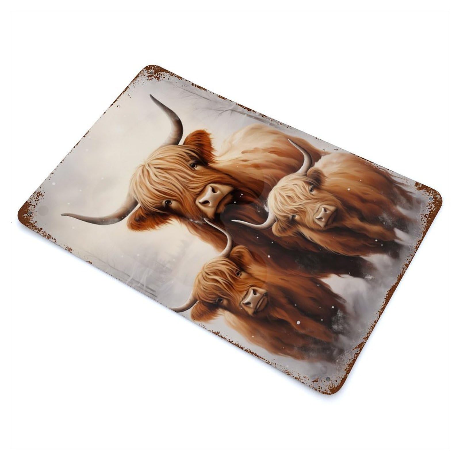 Aged Metal Wall Plaque with Highland Cow Family Xmas Design 11.8"x7.9", for Farmhouse, Kitchen And Entryway Decor, Retro Wall Decor