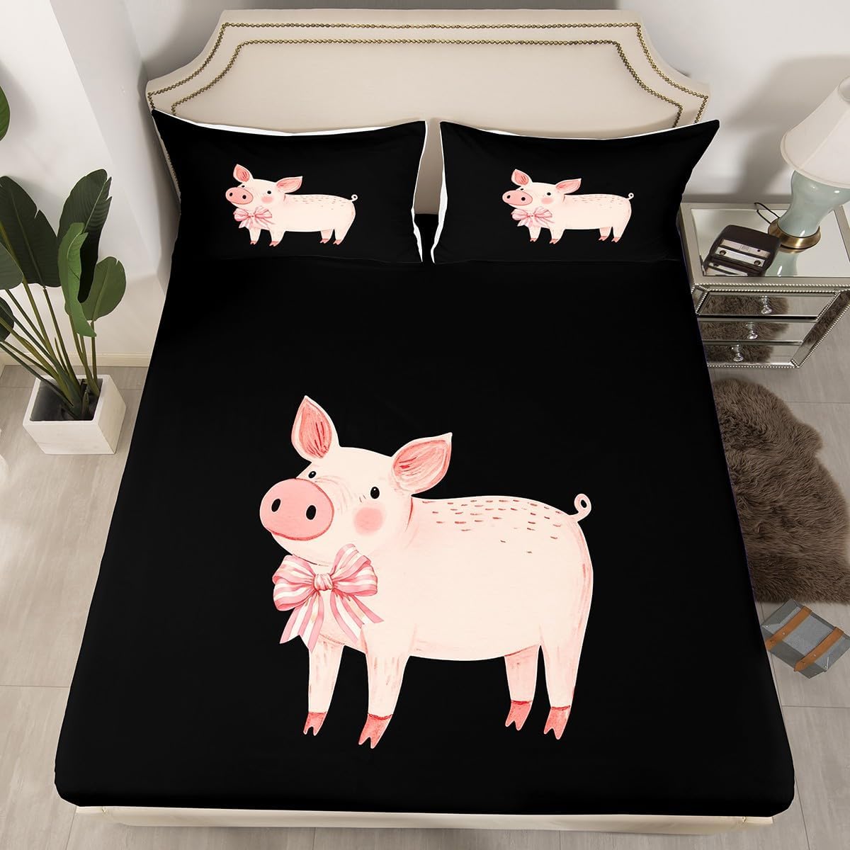 Erosebridal Cartoon Pig Fitted Sheet,Pink Bowknot Bed Sheets Queen for Kids Boys Girls,Cute Animal Bed Cover,Farmhouse Bedding Set with 2 Pillowcases Wrinkle Free