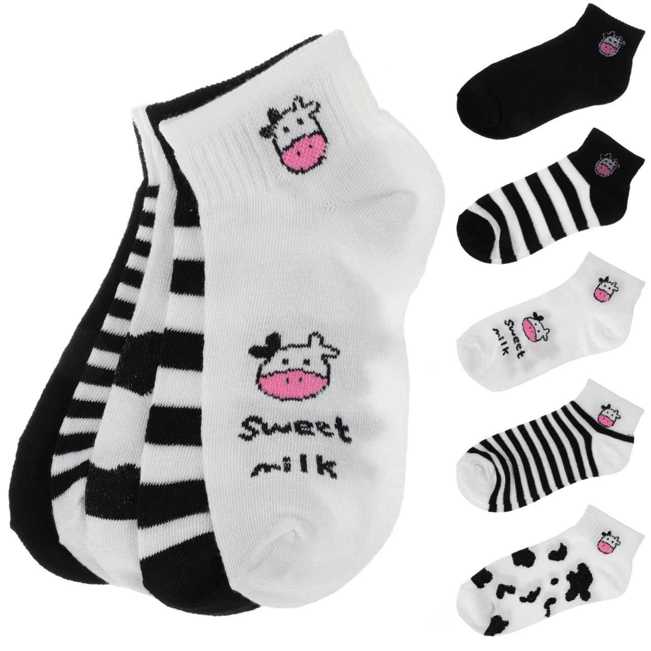 Garneck 5 Pares Calcetines Cortos Mujer Estampado Vaca Algodón Elástico Transpirable Verano Otoño Regalo Teens