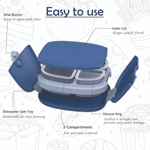 Miniatura 5 de BUBBLOO Caja Bento para niños con cubiertos 3 compartimentos ideales para porciones Bandeja de plástico extraíble sin BPA Fiambrera para niños a