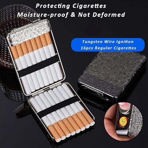 Cigarette Case with USB Lighter 16 pcs 84mm Regular/King Size Cigarettes Electric Rechargeable Flameless Windproof Lighters (Silver) - Thumbnail 2