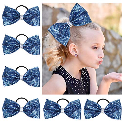 Oaoleer 6Pcs Boutique 6.5" Jumbo Large Tailless Cheer Bow Ponytail Holder Elastic Band Handmade for Cheerleading Teen Girls College Sports (Navy Blue)