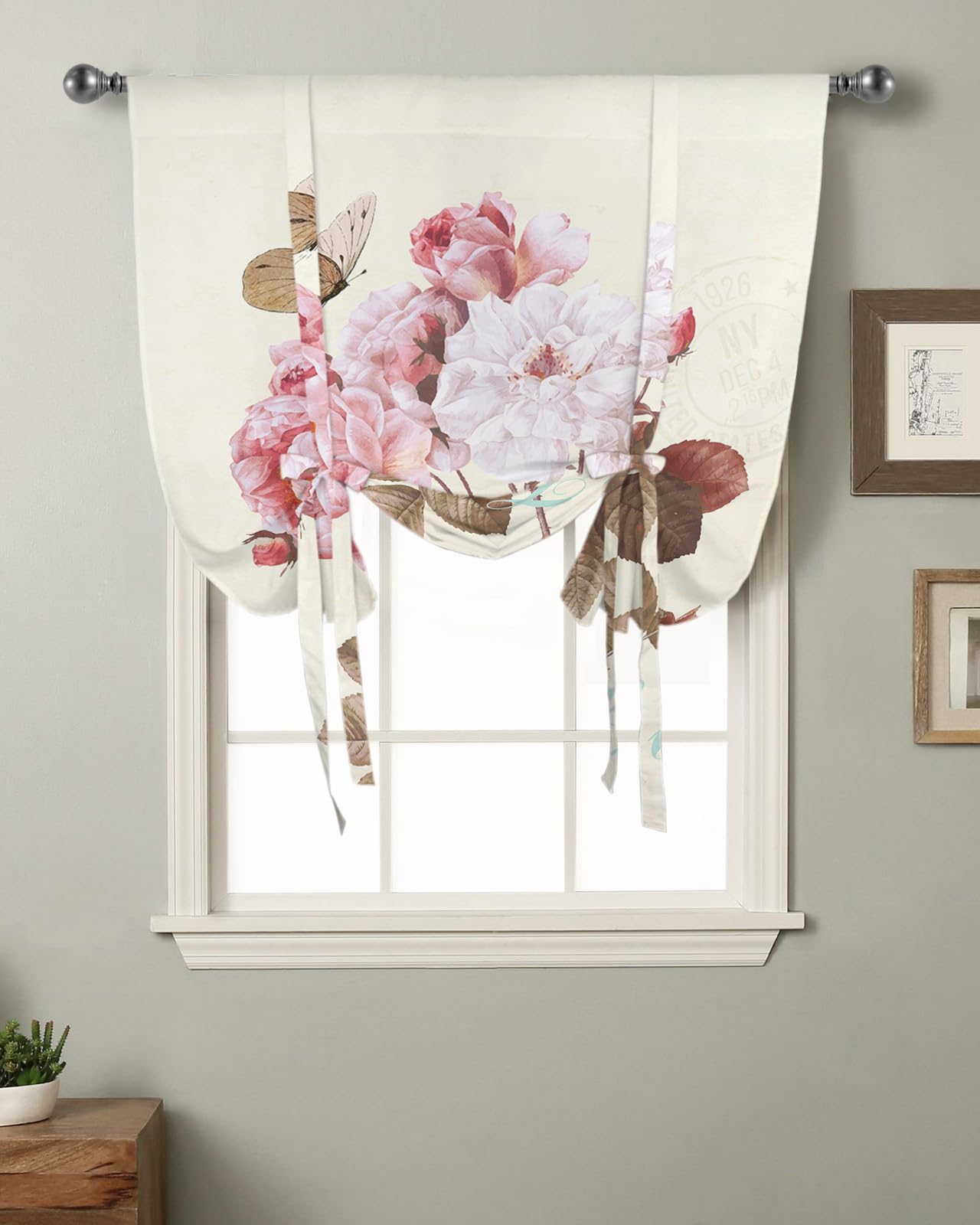 Yukro Tie Up Curtains Window Shades, Vintage Flowers Butterfly Pattern Love Rod Pocket Tie Up Window Shade, Adjustable Balloon Curtain Shade for Blinds Kitchen Bathroom, 1 Panel, 46