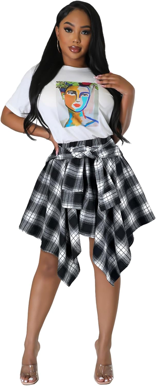Women's Plaid Skirts High Waisted Knot Front Asymmetrical Hem Mini Skater Skirt