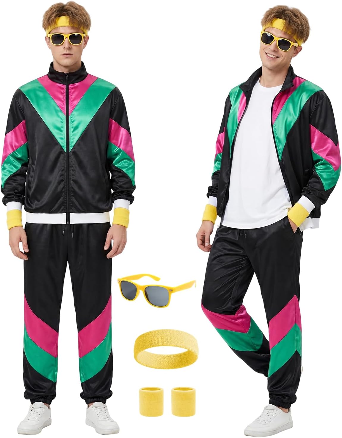 Retro 80s 90s Tracksuit Costume Men,5 Pcs Color Block Windbreaker Hip Hop Outfit with Headband Wristbands Sunglasses