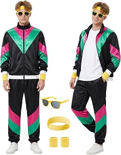Retro 80s 90s Tracksuit Costume Men,5 Pcs Color Block Windbreaker Hip Hop Outfit with Headband Wristbands Sunglasses