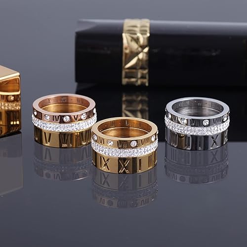 Miniatura 4 de UNAPHYO Anillo de acero inoxidable con números romanos para mujer con circonita cúbica, anillos de compromiso de boda y trinidad, Metal
