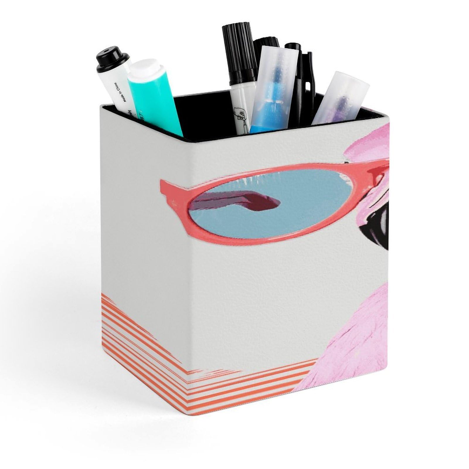 MUSM Hello Glasses Flamingo Pen Holder Square PU Leather Desktop Organizer And Makeup Brush Holder Storage Box Modern Design Stationery Organizer for Office Desk Accessory