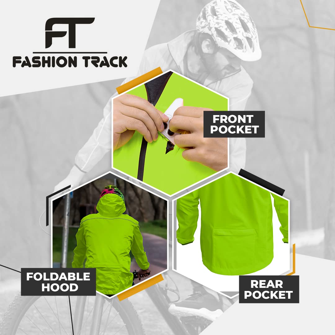 Fashion Track Giacca da ciclismo leggera impermeabile da uomo con cappuccio rimovibile, alta visibilità, unisex, antivento, riflettente, con 2 tasche interne e 1 tasca