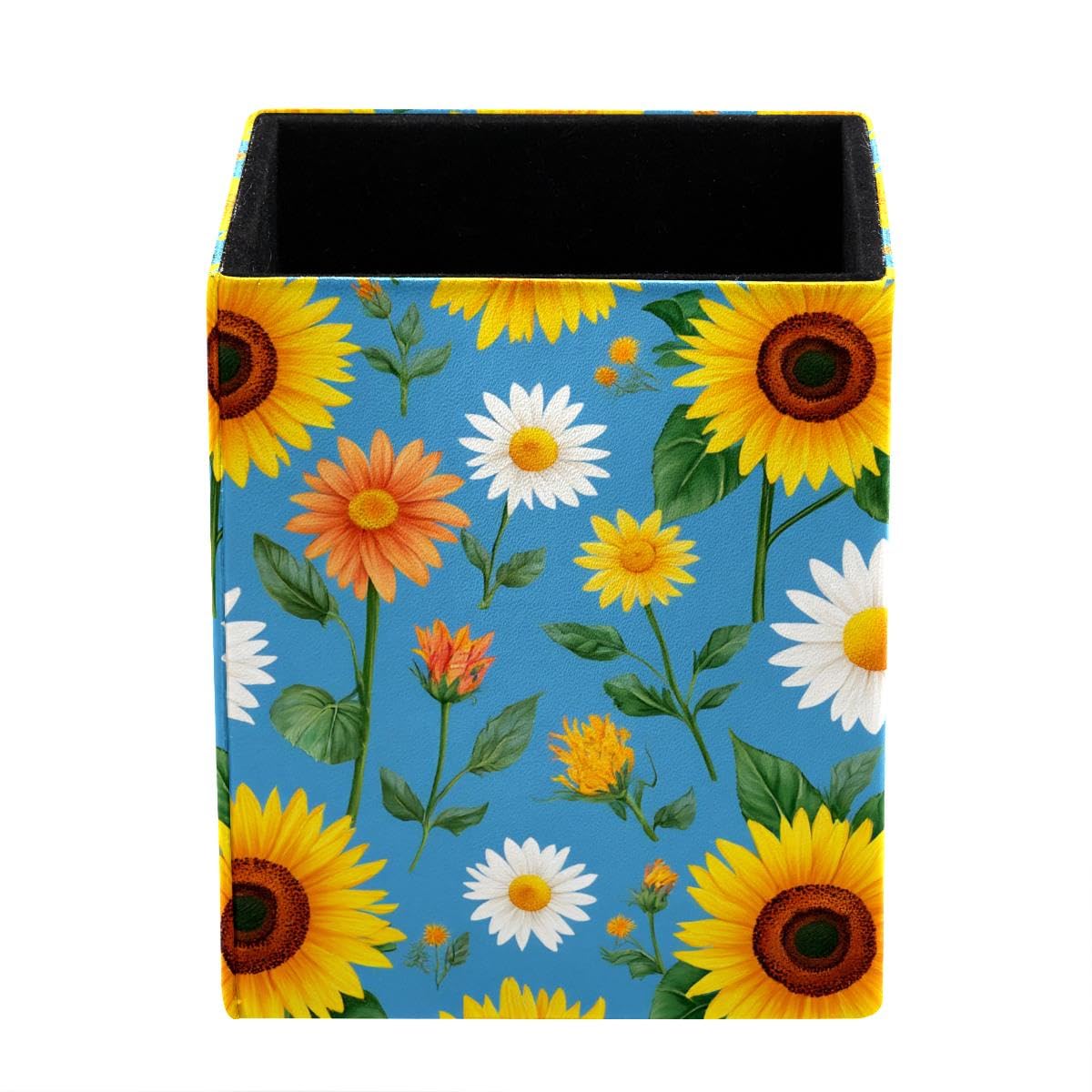 HEOEH Sunflower Daisy Pen Holder Pen Pot, Square Pencil Cup for Desk