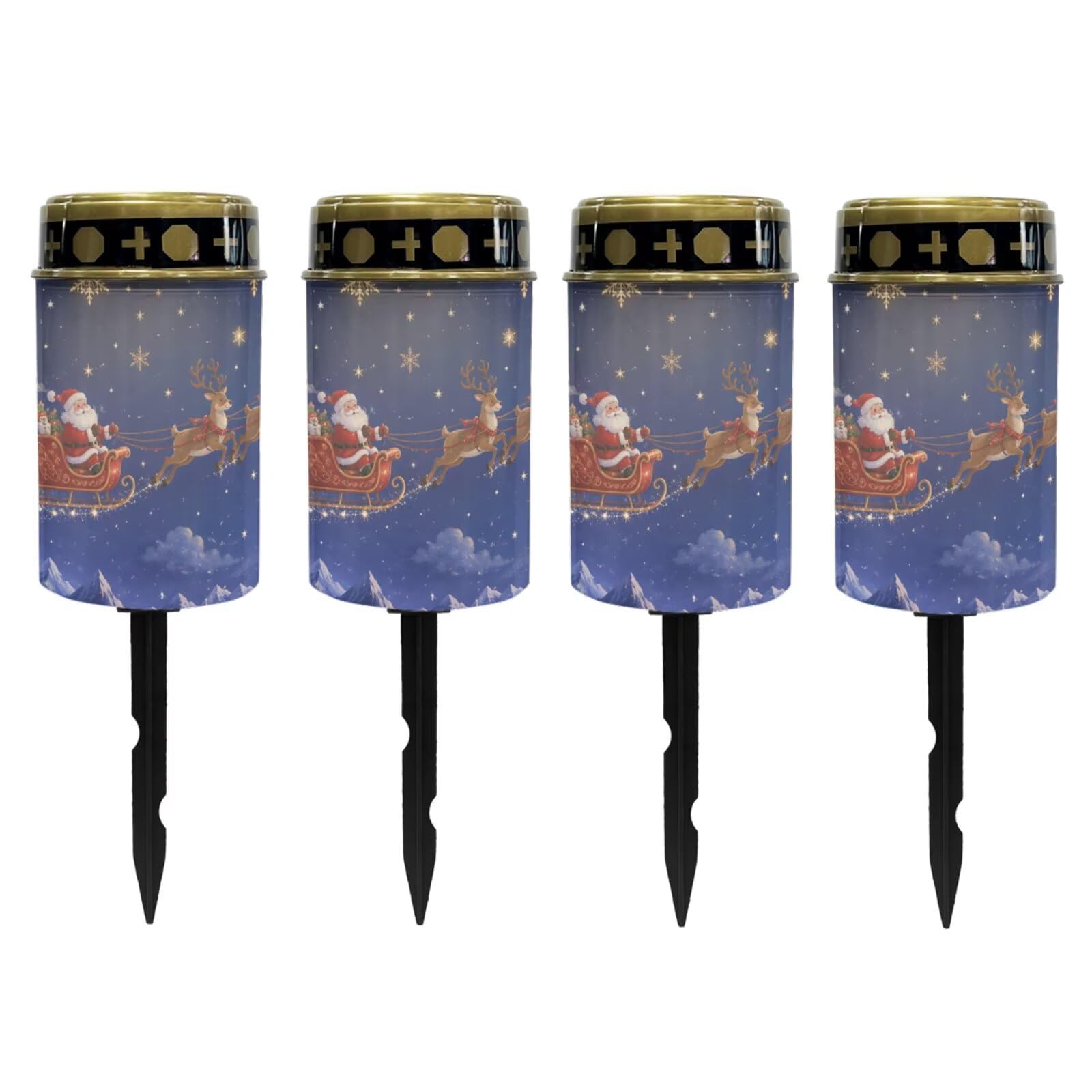 Poceacles Christmas Lights Solar Grave Candle Solar Cemetery Candles LED Automatic Outdoor Flameless Cemetery Lights for Christmas, Santa Claus Reindeer Sky Print, 4 Piece Set