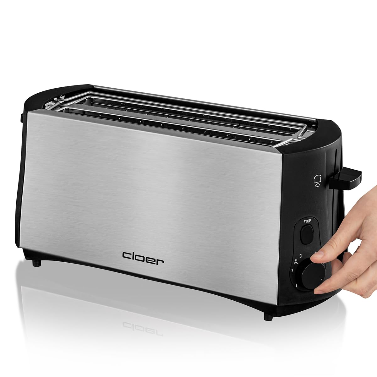 Cloer 3719 Langschlitztoaster für 4 Toastscheiben, 1380 W, integrierter Brötchenaufsatz, Nachhebevorrichtung, Krümelschublade, wärmeisoliertes Edelstahlgehäuse, schwarz/Edelstahl