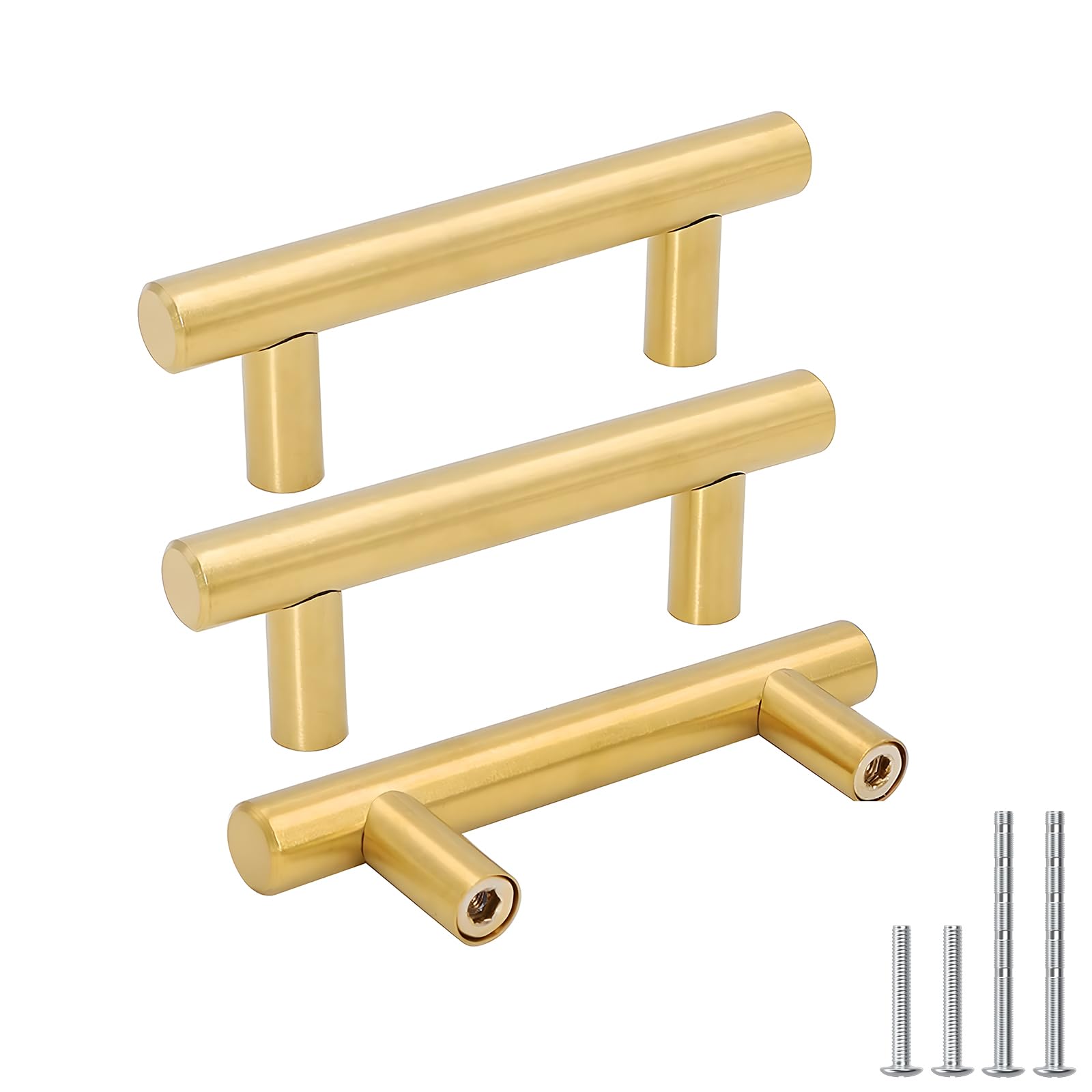 Goldenwarm 15 Pcs Brushed Brass Cabinet Cupboard Drawer Door Handle Pull Knob LS201GD64 for Furniture Kitchen Hardware 2-1/2inch Hole Center 4in Overall Length