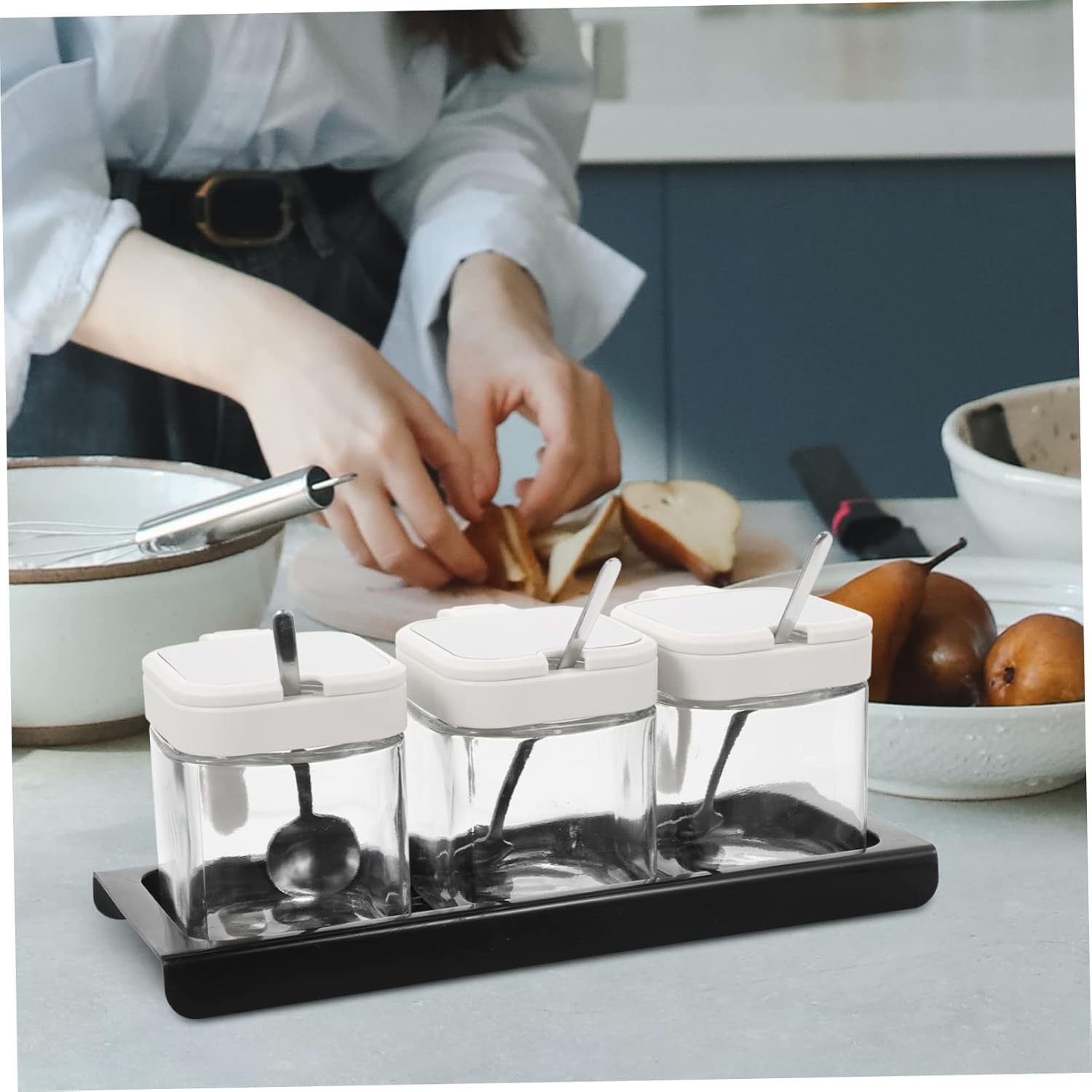 1set Multi-function Glass Spice Container Set Lids Kitchen Seasoning Jars for and Condiments for Home Cooking and Dining Decor