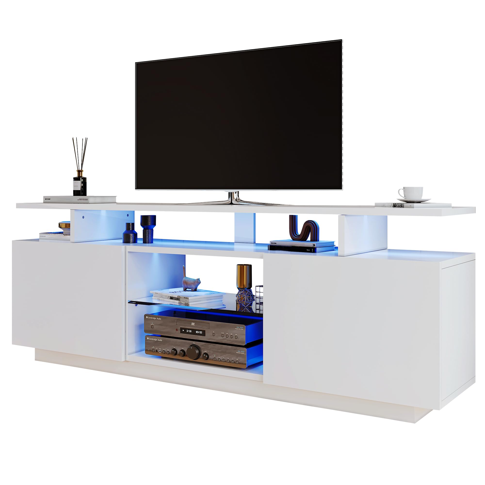 Mueble para TV con Puertas Brillo Y Luces LED Controladas por App Mesa De TV Funcional con Compartimentos Abiertos Y Almacenaje para Salon Moderno
