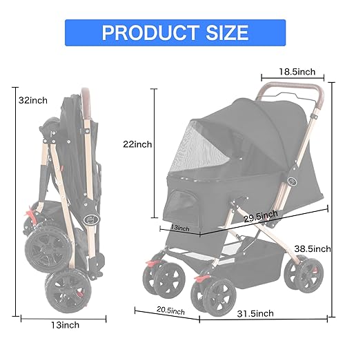 Miniatura 3 de Cochecito de perro para gatos y perros, carrito de cuatro ruedas con cubierta climática, con cesta de almacenamiento para perros y gatos pequeños y