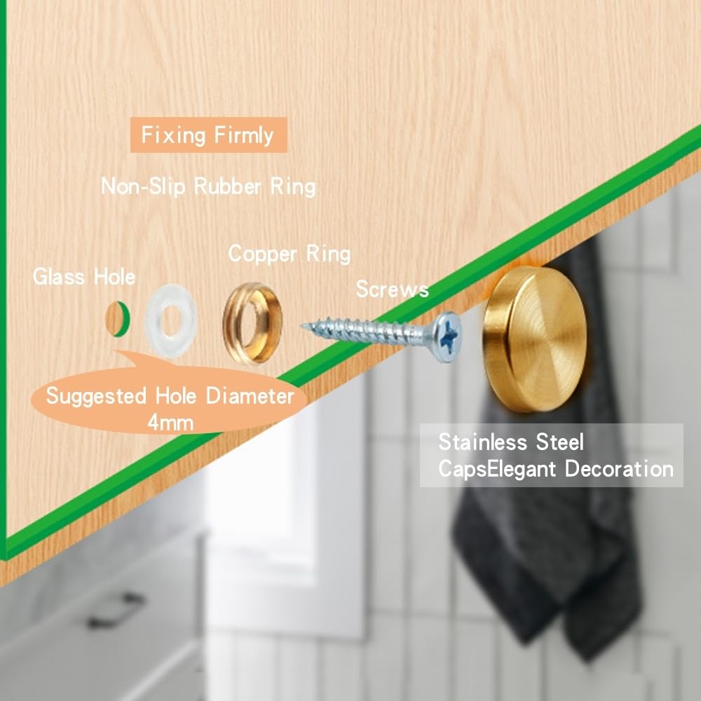 Leliafleury 8 Sets Mirror Screws Caps 30mm Decorative Cap Covers Stainless Steel Mirror Screws for Bath Plates Tables Wardrobes Furniture Brushed Golden - Image 2
