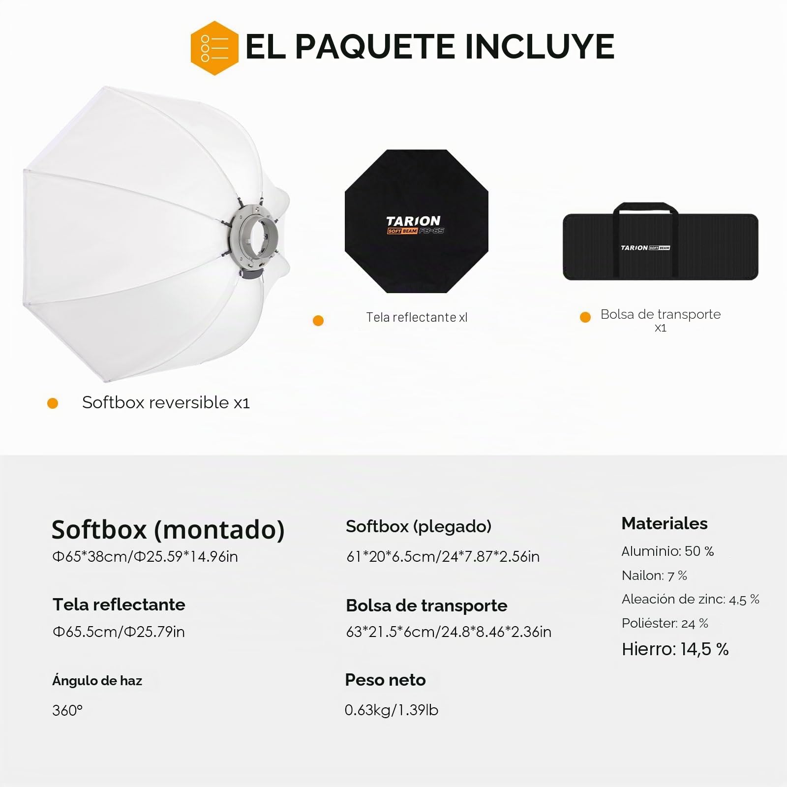 TARION Softbox Octagonal Invertido Plegable - Softbox Bowens 65cm Montaje rápido para fotografía Estudio con Estructura reflectora difusora FB-65 SOFTBEAM