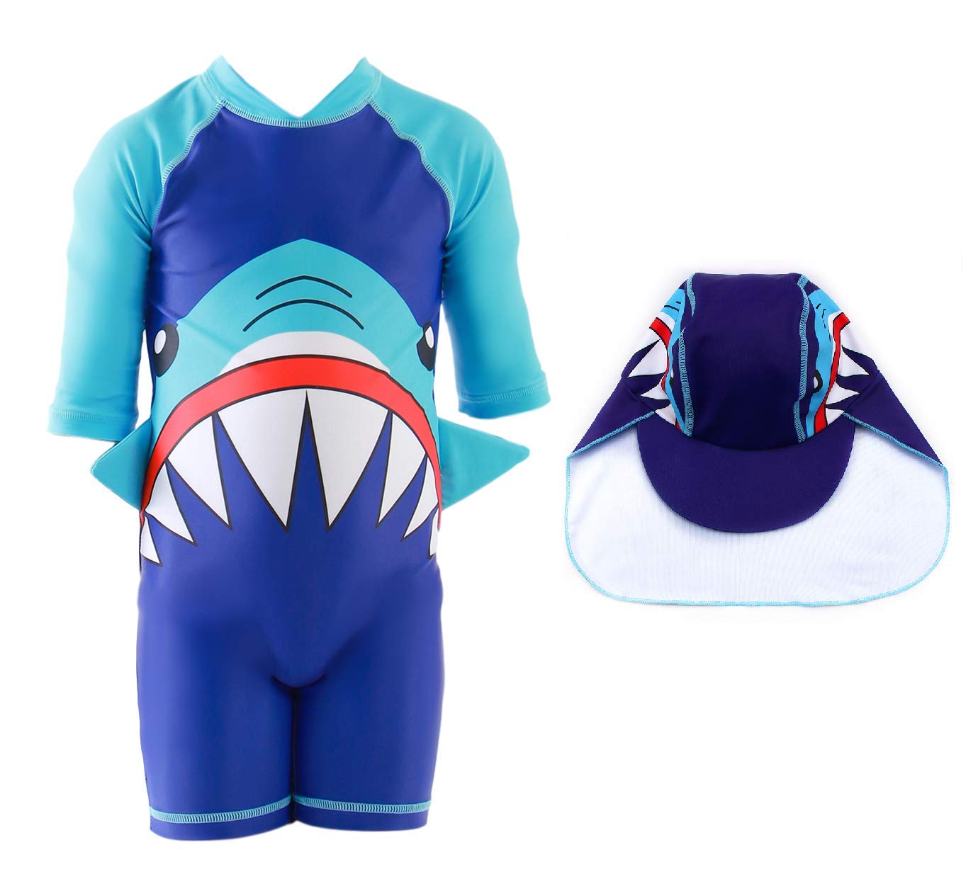 FEMININOSwimsuit for Boys Shark Design Long Sleeve with Cap (UPF 50+) blocks 99% of UV Radiation