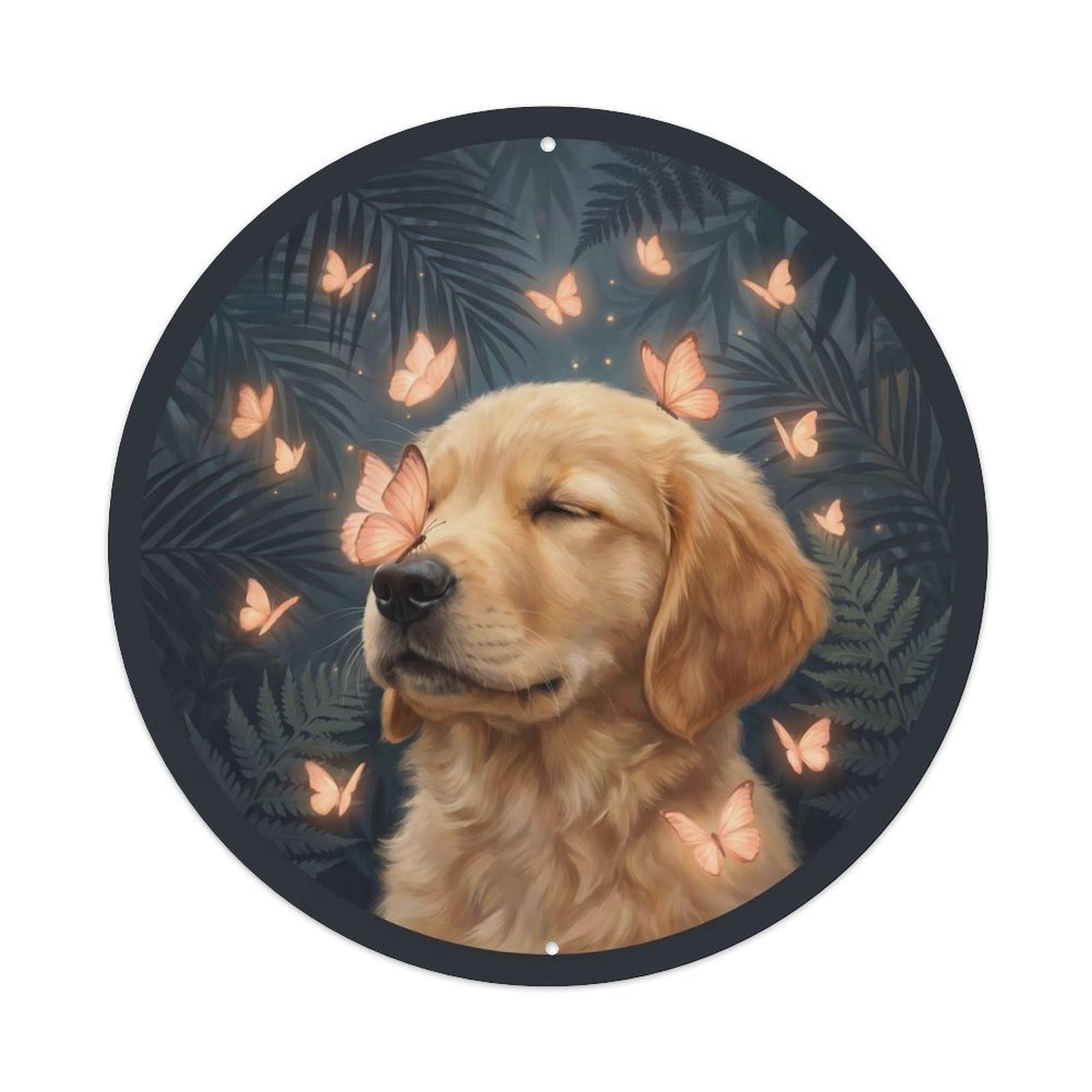 Golden Retriever Puppy Cute Pet Peach Butterfly Pastel Woodland Metal Tin Sign Plaque Wall Decor for Cafe, Man Cave, Club Bar, Office, Home Garden Round Metal Poster 8x8Inch