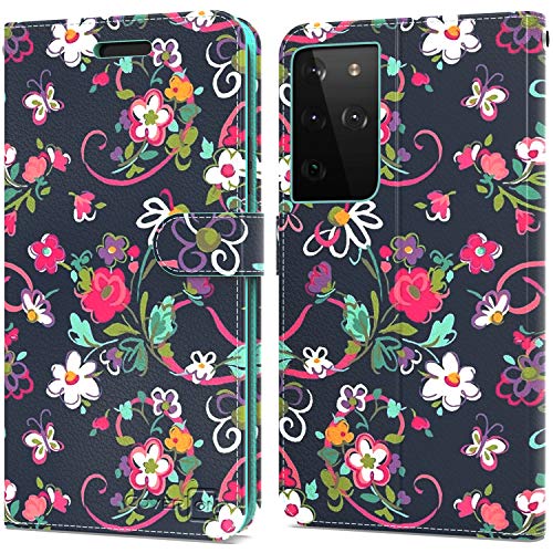 Coveron Wallet Pouch Designed For Samsung Galaxy S21 Ultra 5G Leather Case, Rfid Blocking Flip Folio Stand Phone Cover - Floral Design #TOP5