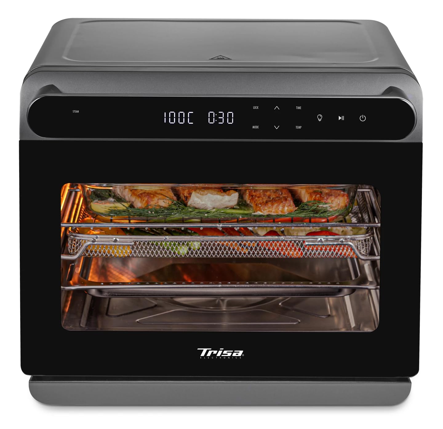 Trisa Air Fusion Pro 24L Mini Dampfbackofen – Kombigerät Heißluftfritteuse & Dampfgarer, 8 Automatik-Programme, Edelstahl-Garraum, LED-Display im Griff, 30–230°C, Inkl. Backblech & Rost