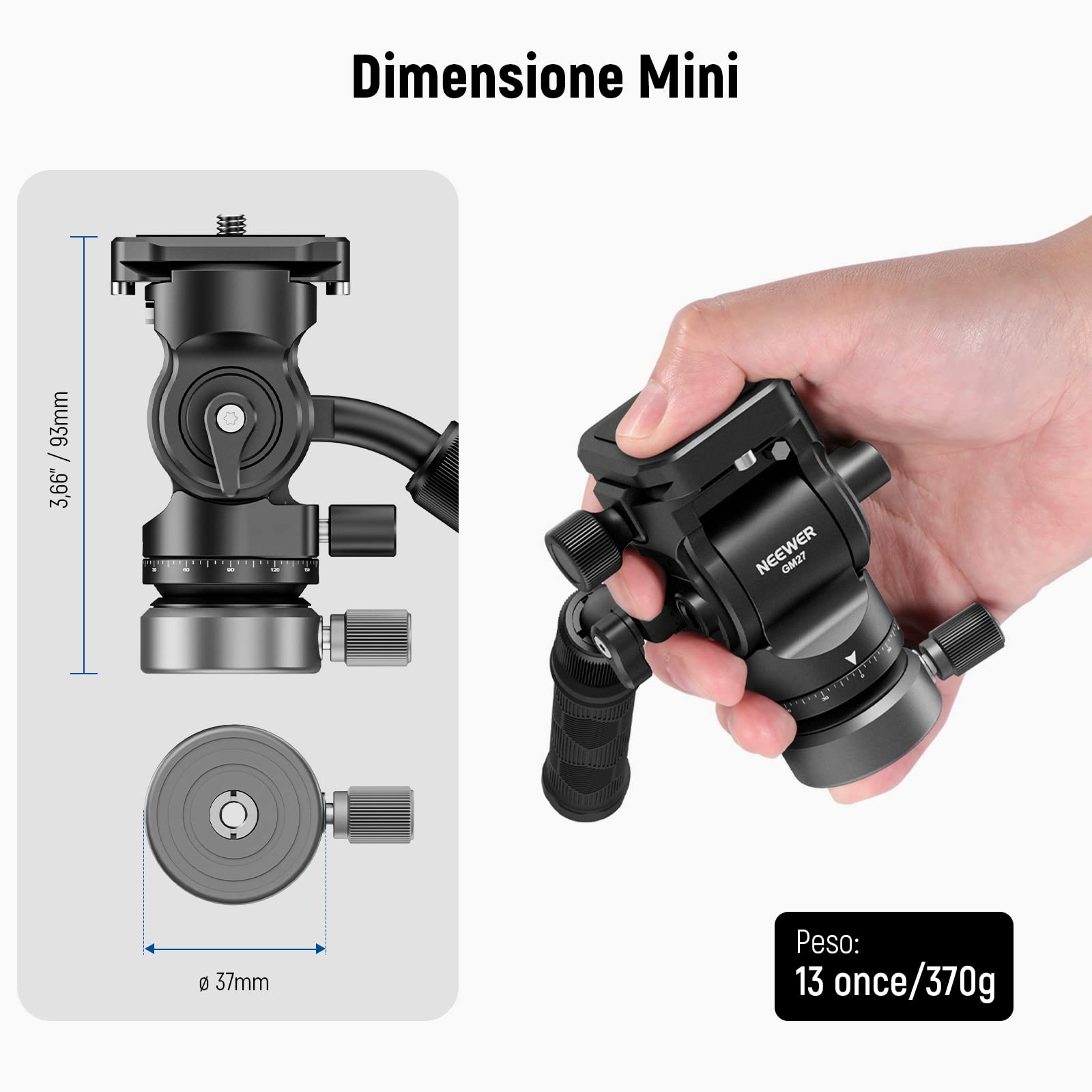 NEEWER Testa Fluida per Treppiede con Base di Livellamento +/-10°, Testa Video Pan Inclinabile con Piastra QR Arca, Maniglia Telescopica, Panno Pulizia per Videocamera Fotocamera DSLR, Max 4kg, GM27