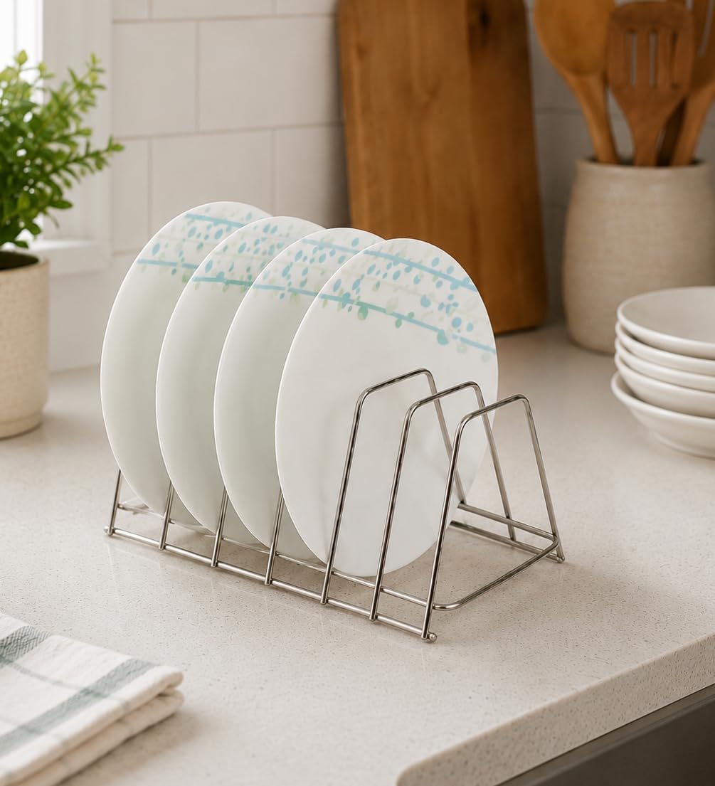Stainless Steel Countertop Tiered Shelf Plate Stand Made of Steel Less Steel. Dish Rack Lid Holder for Kitchen Cabinet & Dining Table (NHSP)-image-36