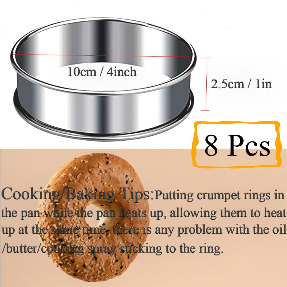 8-Pieces English Muffin Rings 4 Inch Crumpet Rings Stainless Steel Double Rolled Nonstick Metal Round Tart Ring Molds for Cookie Cooking Baking