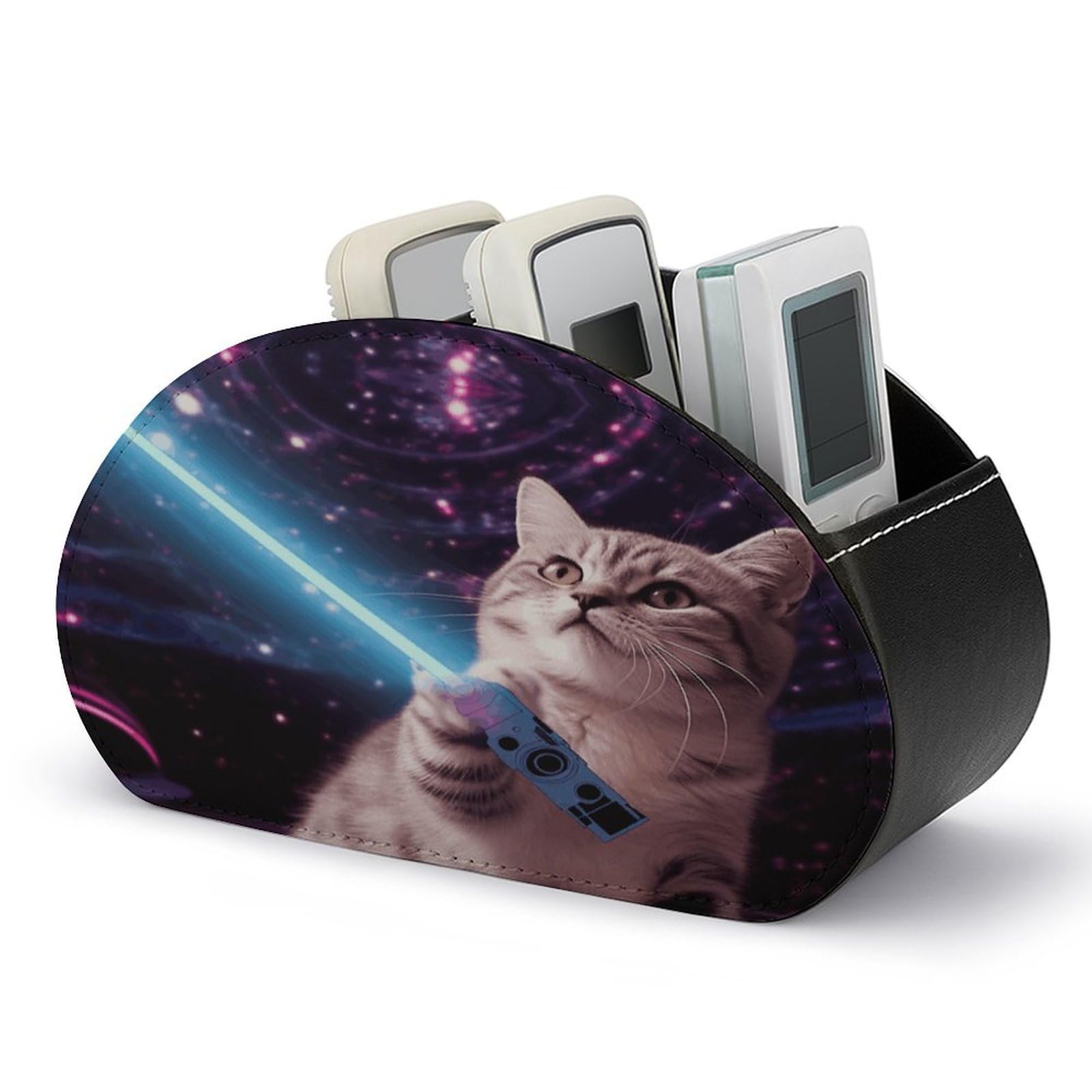 Support de télécommande en cuir à 5 compartiments et motif chat