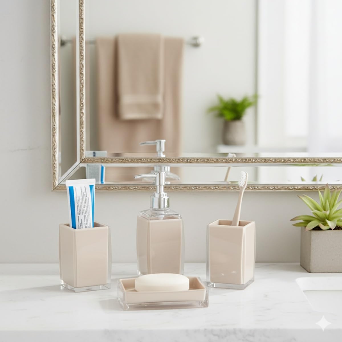 Badaccessoire-Set 4-teilig, Seifenspender, Zahnbürstenhalter, Schale & Organizer Beige