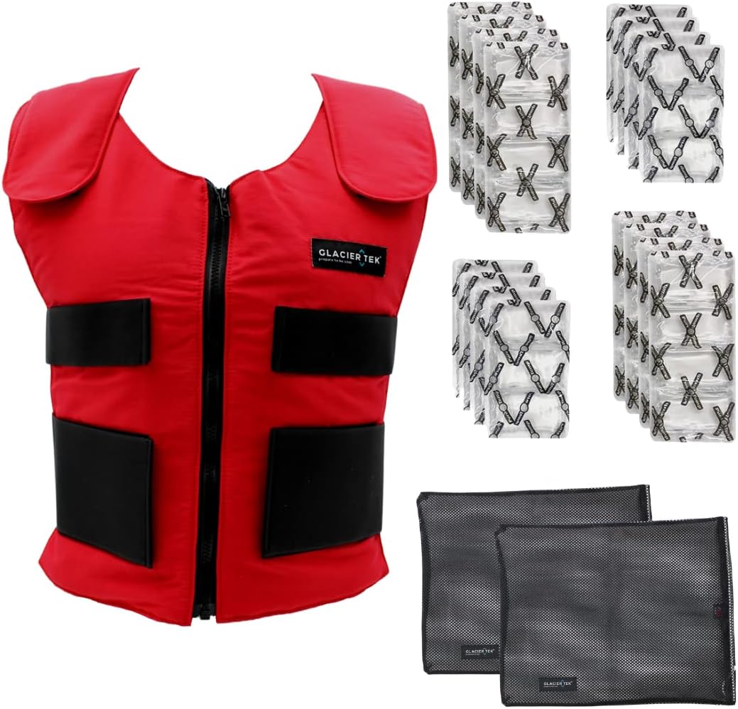 Glacier Tek Men's Cooling Vest Bundle, with 8 Cold Packs, Plus Spare Pack Set, Stay Cool 59 Degrees, Recharges in 30 Minutes