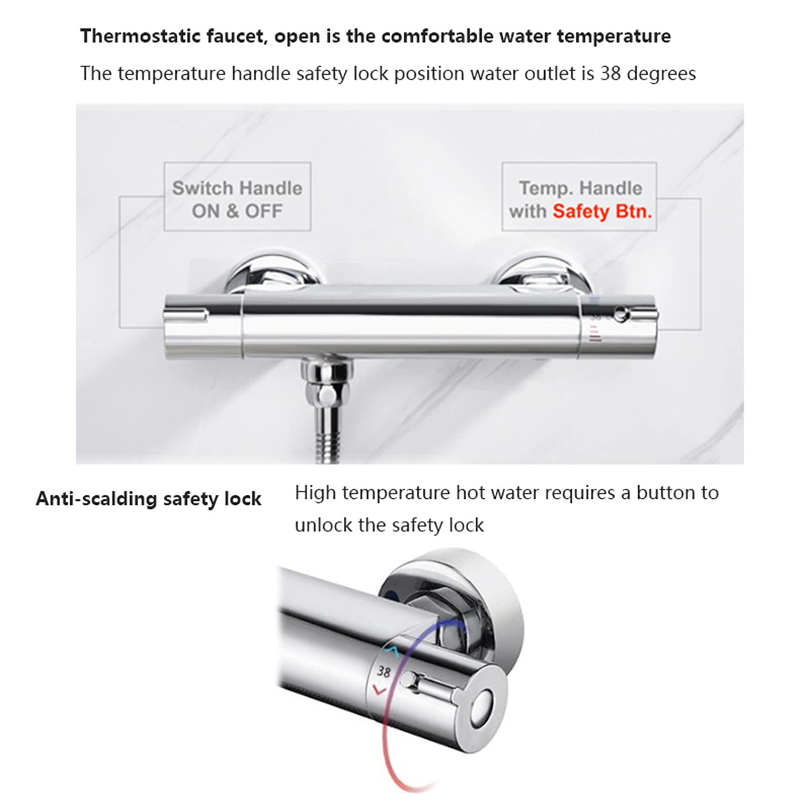 Conjunto de grifería para Ducha, Grifo termostático para bañera, Grifo Mezclador Empotrado de Cobre para Agua fría y Caliente, Montaje en Pared con Cerradura de Seguridad antiescal