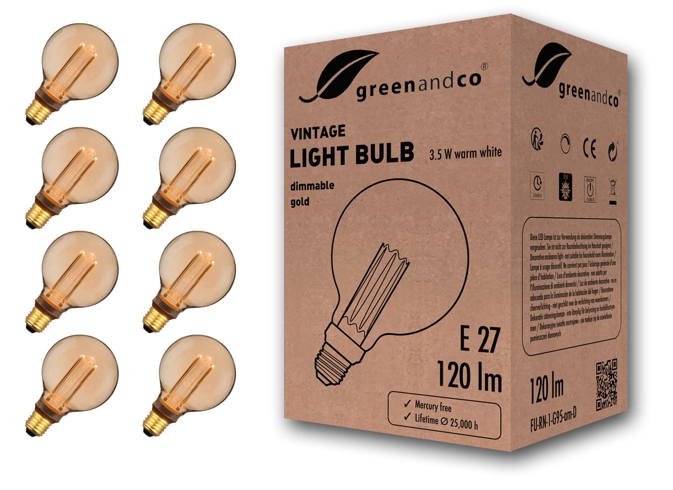 greenandco 8X Decorative Dimmable LED Vintage Light Bulb | E27 G95 | Amber | 3.5W 120lm | 1800K Extra Warm White | 320° | 230V | Flicker Free — image 1