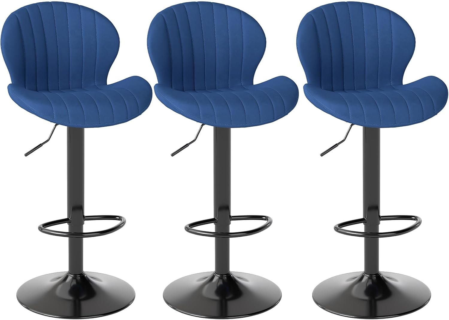 Youhauchair Modern Bar Stools Set of 3, Velvet Height Adjustable Swivel Barstools, Armless Kitchen Island Counter Chairs with Back & Footrest, Blue