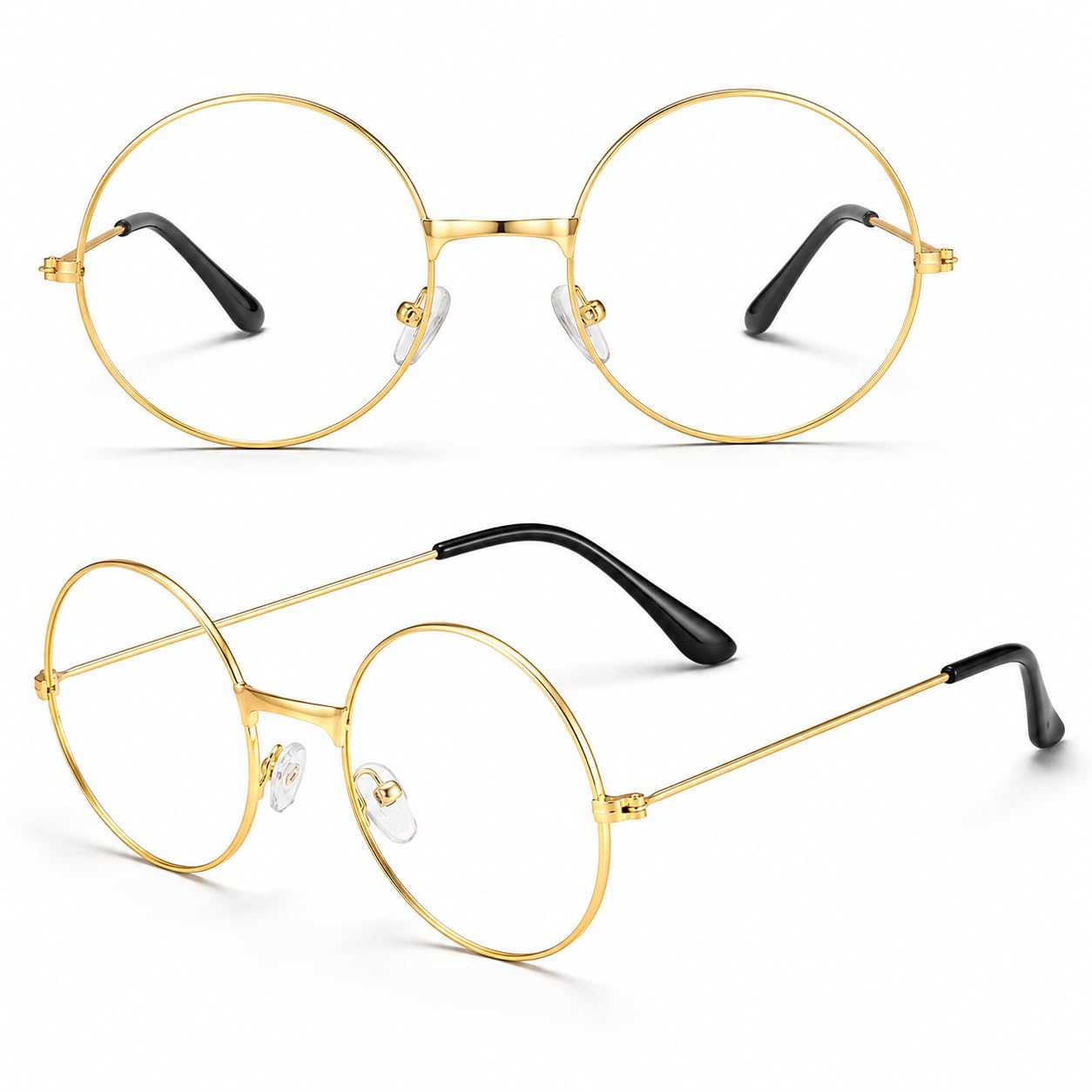 2 Pairs Round Glasses, Gold Metal Frames with Clear Lenses, Retro Costume