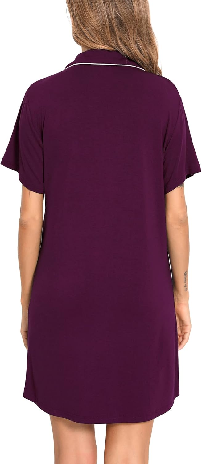 SWOMOG Women Pajama Nightgowns Button Down Sleepwear short Sleeve Sleep Dress Boyfriend Silk Nightshirt - Image 6