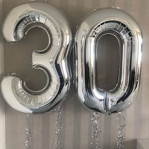 Miniatura 2 de Globos plateados con el número 30, globos de aluminio Mylar de 40 pulgadas, número 30, para fiesta de cumpleaños de 30, decoraciones de eventos y