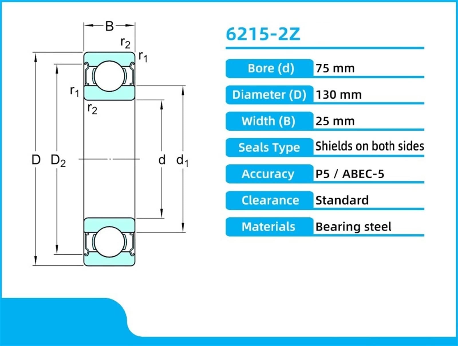 1 Uds 6215-2Z 75X130X25mm rodamiento 6215 6215Z 6215ZZ rodamientos rígidos de bolas de una sola fila