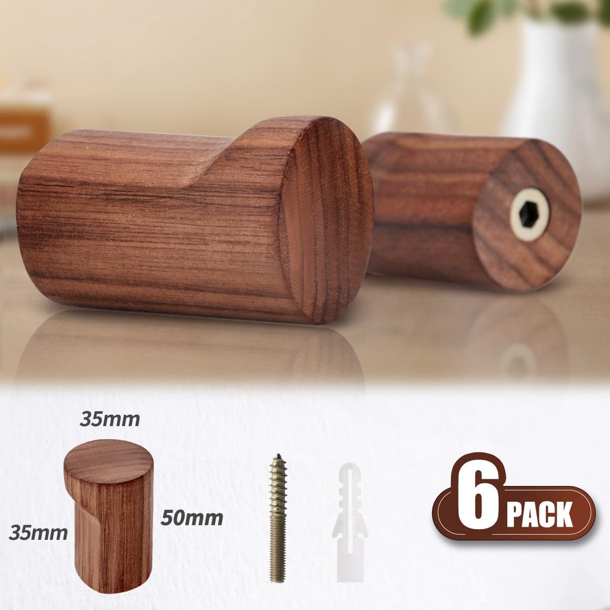 Wood Hooks Wall Mounted Minimalist Walnut Knob Shape (4 Pack) | Simple Modern, Easy Install, Hanging Hat Towel Backpack Cap Robe Jacket, For Entryway Bathroom Closet Door, Home Decor