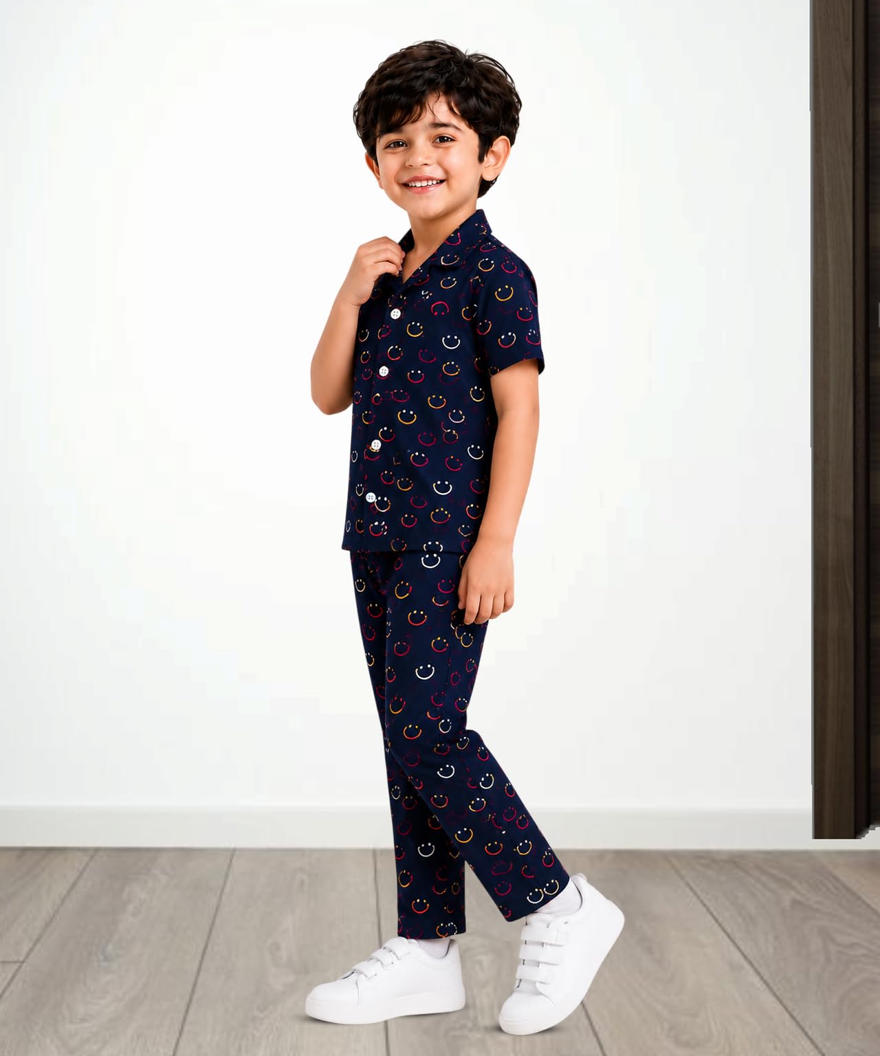3BROS Unisex Pure Cotton Short Sleeve Kids Night Dress for Boys & Girls Nightwear/Nightdress/Sleepsuit/Loungewear Night Suit for Boys and Girls Top and Pyjama Combo Set (Navy| 3-4 Years) 1